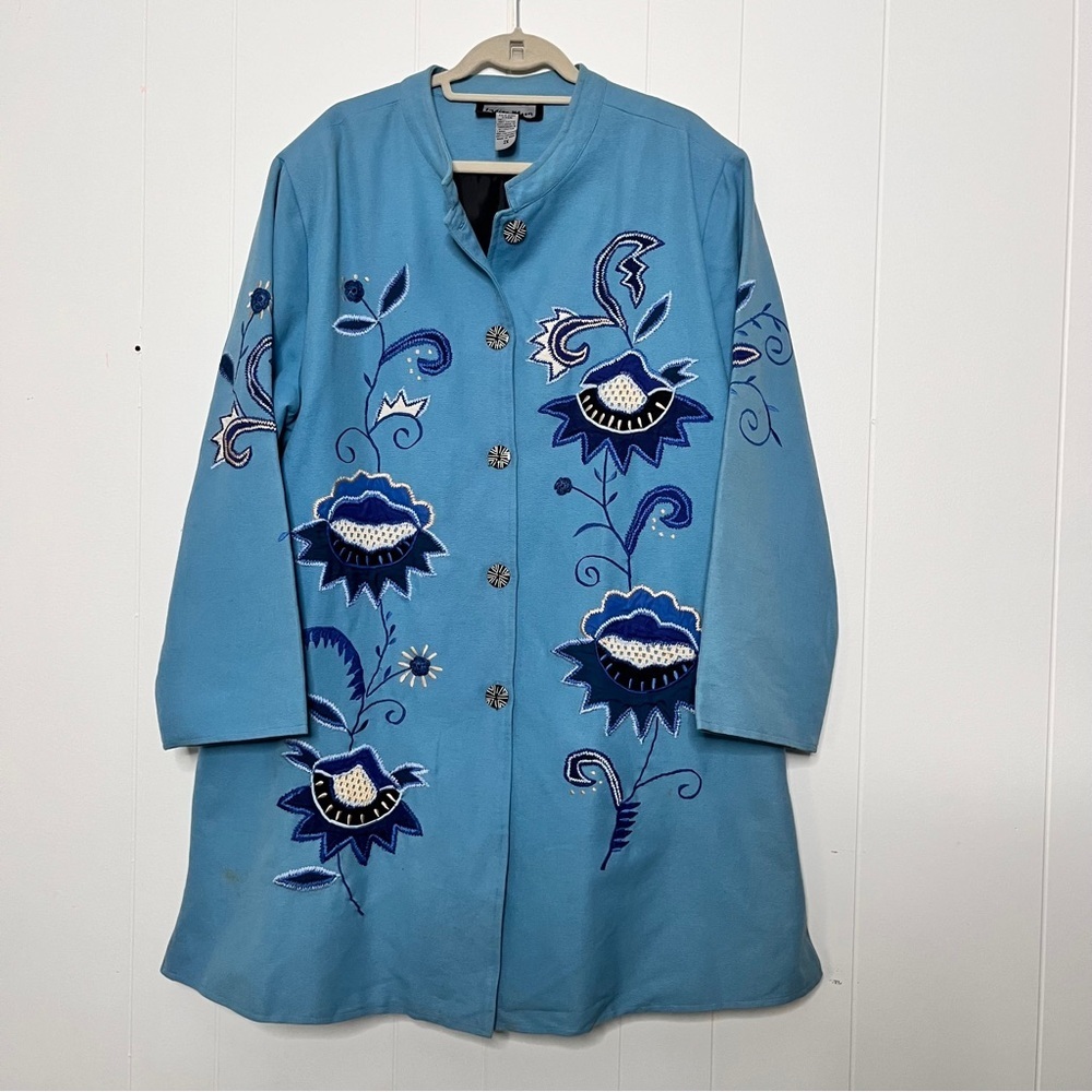 Indigo Moon Embroidered Blue Floral Coat Thigh Length Women's 2X Folk Art Boho